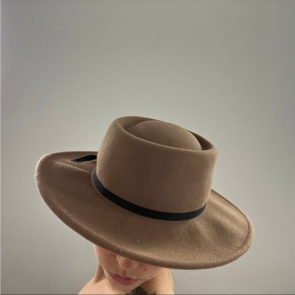 100% Wool boater Hat tan vintage style brown wide brim - Picture 7 of 8
